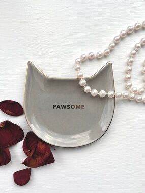 Cute Pawsome cat kitty head grey gray ceramic dish tray with gold details